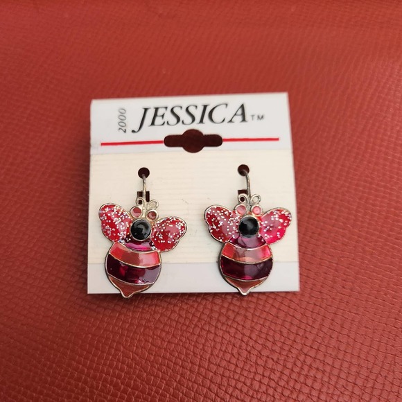 Bumblebee Earrings Pink with Glitter Sparkle Wings - Picture 1 of 4
